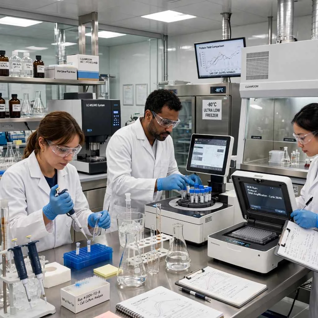 Scientists Performing Peptide Analysis In Cleanroom Laboratory