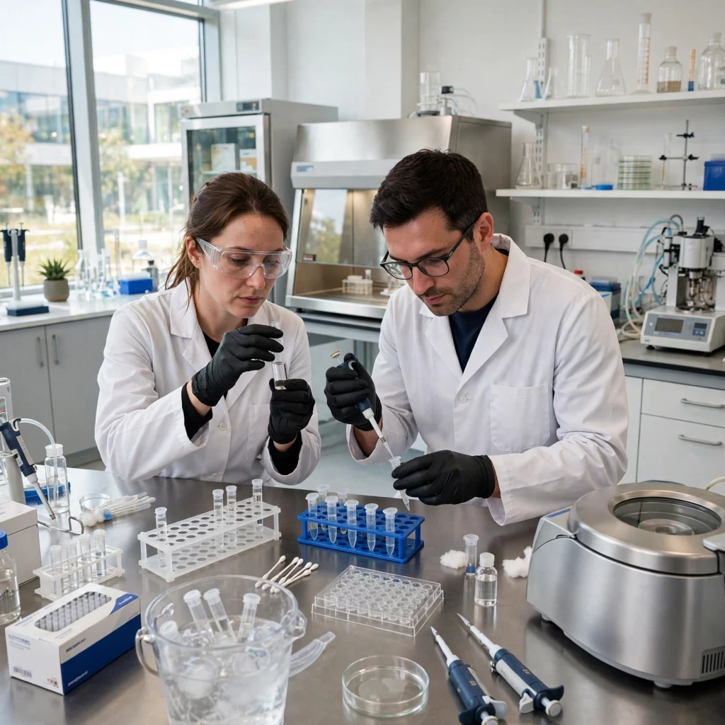 Researchers Examining Peptide Samples In Laboratory