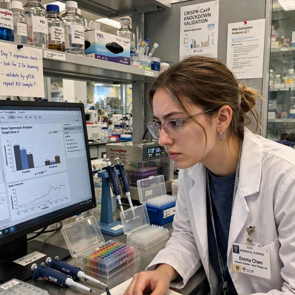 Researcher analyzing CRISPR gene knockdown validation results