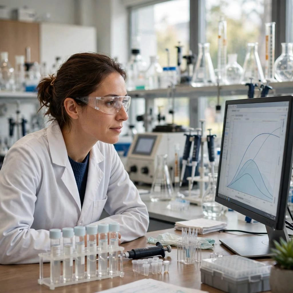 Researcher Analyzing Peptide Lab Data