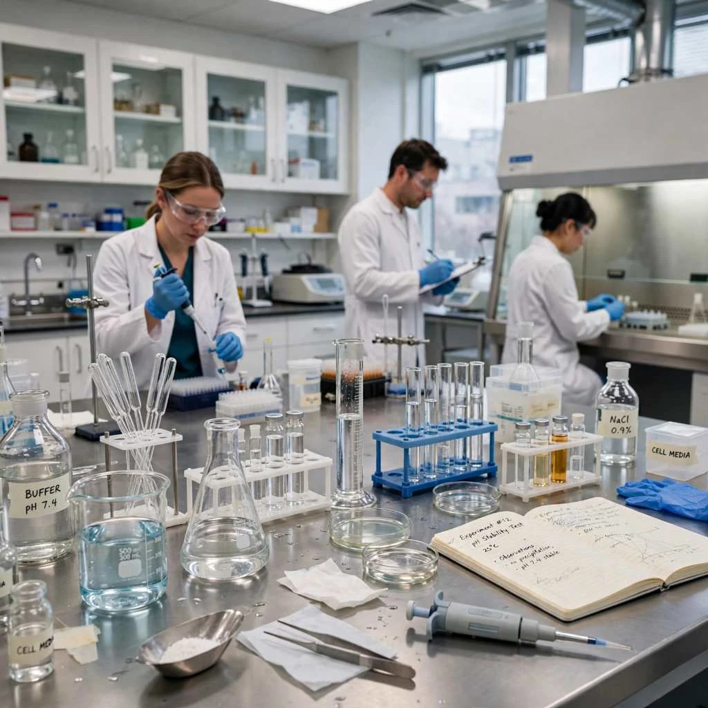Researchers Conducting Peptide Buffer Preparation Experiment